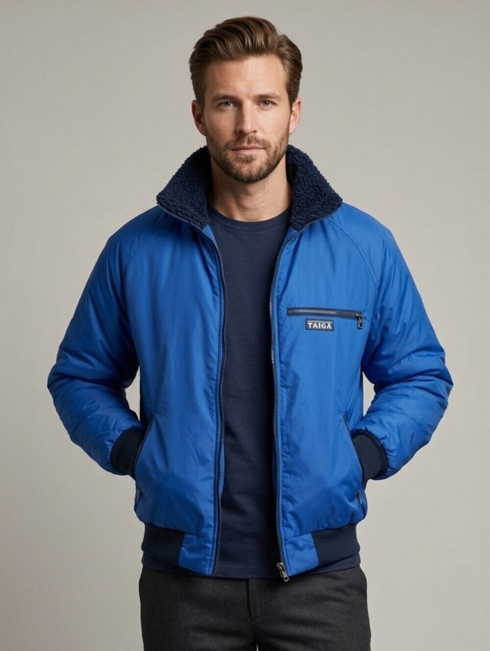 Vintage men’s Taiga Blue Puffer Jacket with Stand-Up Collar and Full-Zip large